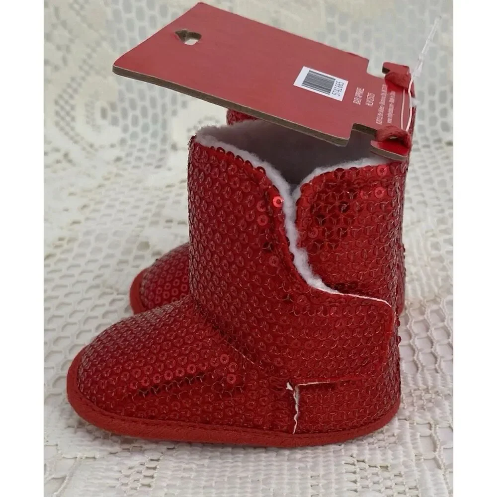 Little Wishes Baby Girl Size 3-6 months Red Boots Sparkly Christmas Holiday - Picture 6 of 12